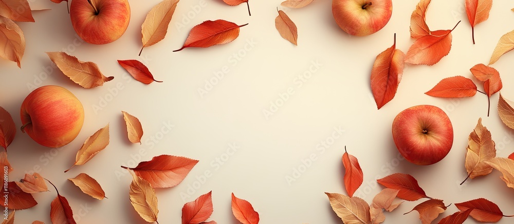 Poster autumn frame with leaves and apple. with copy space image. place for adding text or design
