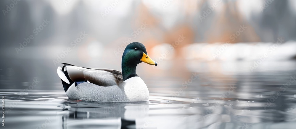 Poster Black and white duck in the pond. with copy space image. Place for adding text or design