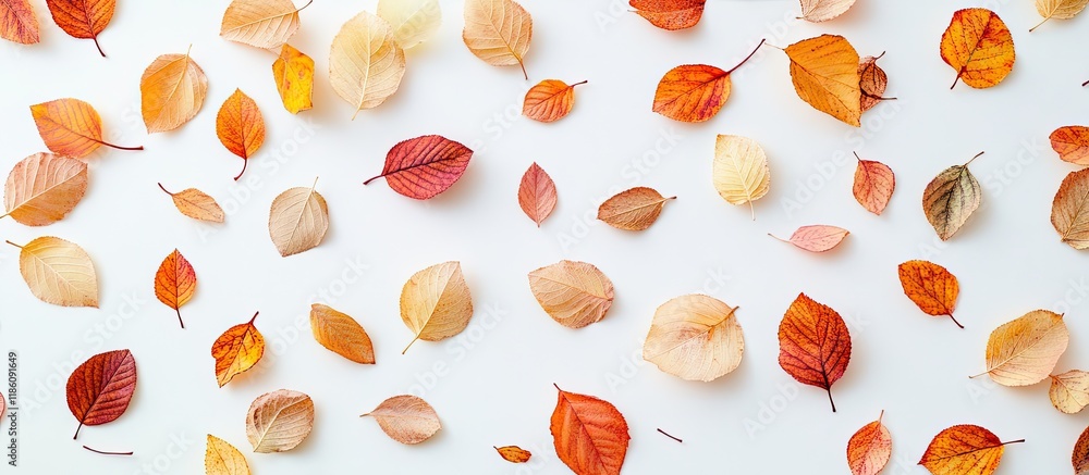 Poster autumn flat lay backdrop featuring colorful dried leaves on a white surface. with copy space image. 