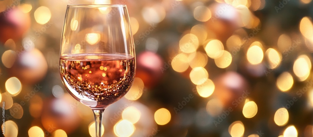 Poster close up of a glass of wine with a bokeh background flat lay new year and christmas ambiance greetin