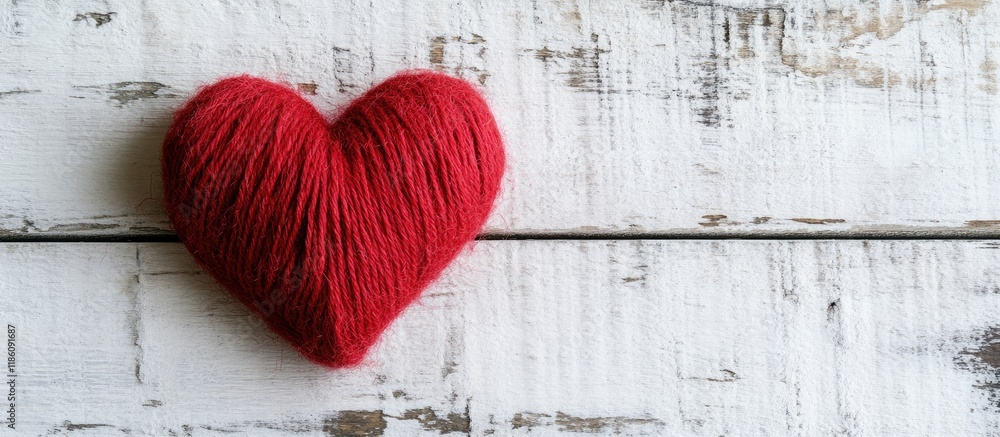Aufkleber red wool heart shape on a white wooden surface valentine s day image. with copy space image. place f