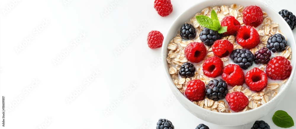 Aufkleber a bowl of rolled oats topped with berries and milk isolated on a white background. with copy space i