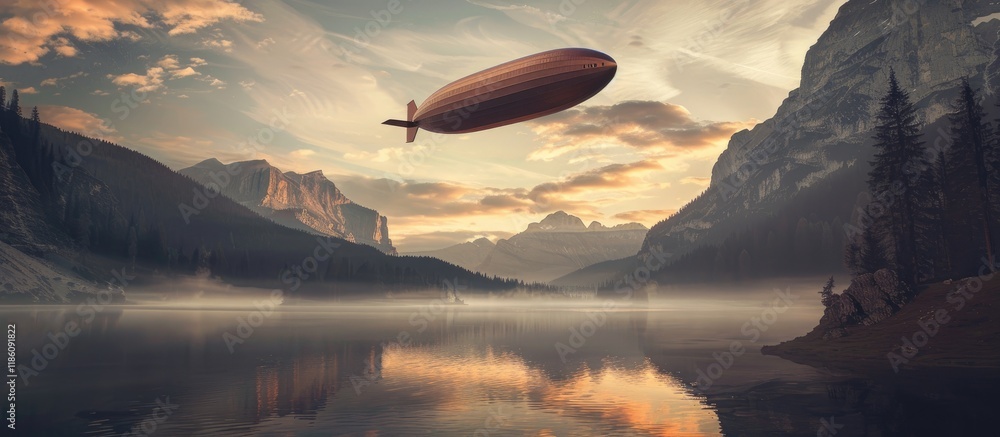 Poster zeppelin soaring above the lake. with copy space image. Place for adding text or design