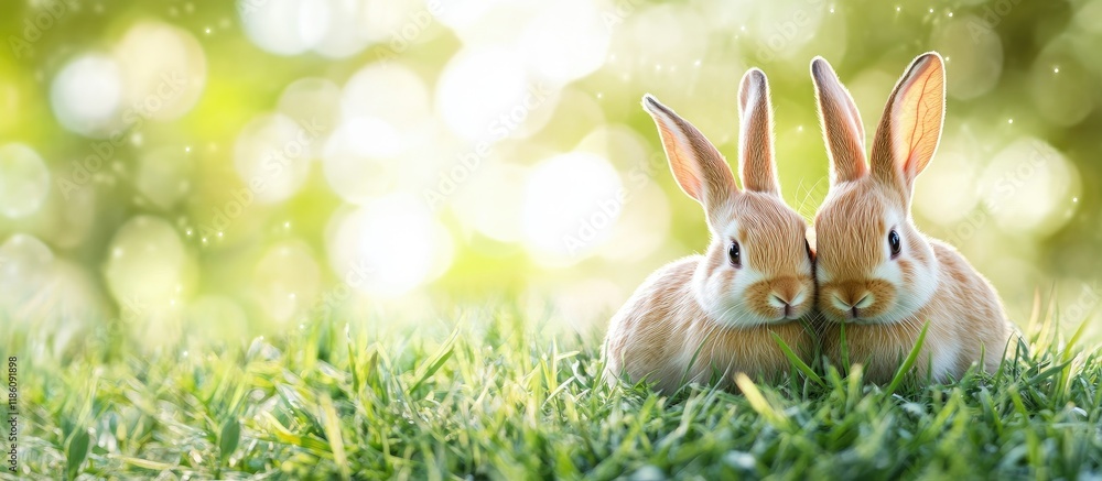 Aufkleber easter eggs designed as adorable bunnies on lush green grass with space for text. with copy space im
