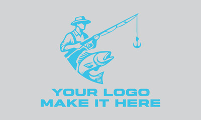 Fisherman catching large leaping light blue fish. Ideal for fishing websites, outdoor magazines, seafood restaurants, and naturethemed designs