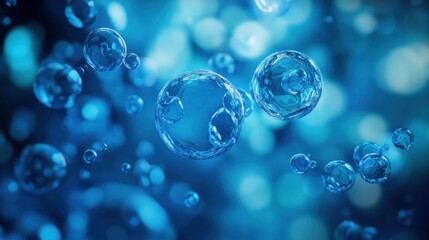 Abstract blue bubbles floating in water.