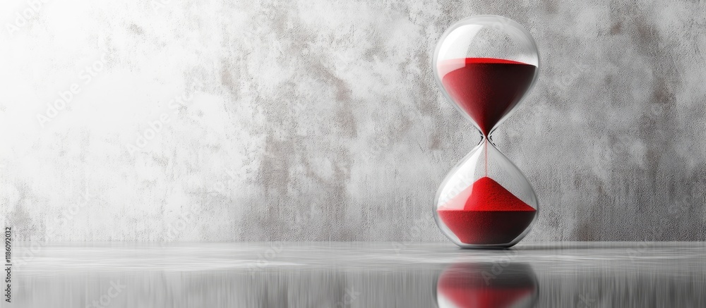 Poster Hourglass with red sand flowing on a grey table Area for text. with copy space image. Place for adding text or design
