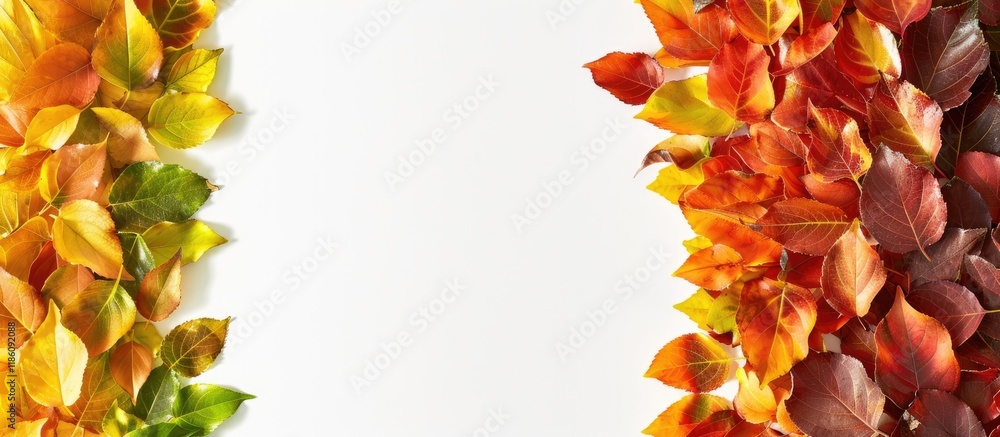 Aufkleber The right border features a frame of autumn leaves A rainbow gradient of yellow orange brown and green overlaps in rows and columns There is a blank white background on the left for copy space