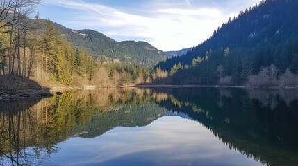 Fototapeta premium A calm reservoir reflecting a nearby forest, with sunlight filtering through the trees.