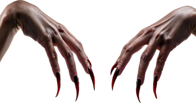 Dramatic close up of two hands with long sharp dark red nails transparent background