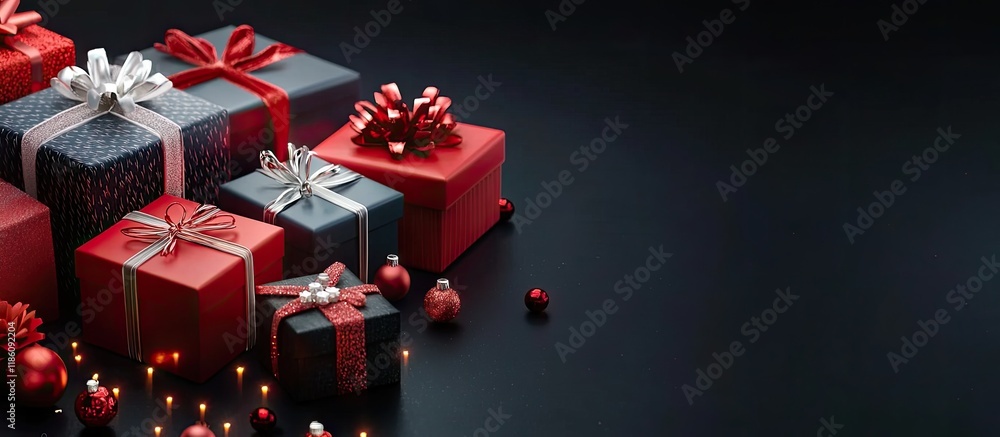 Poster Various Christmas gifts on a dark background. with copy space image. Place for adding text or design