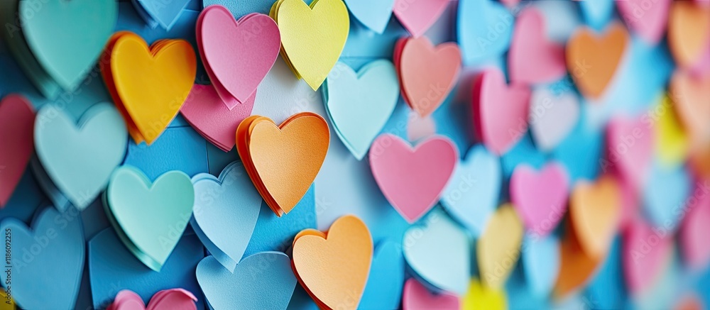 Poster Heart shaped sticky notes in the background. with copy space image. Place for adding text or design
