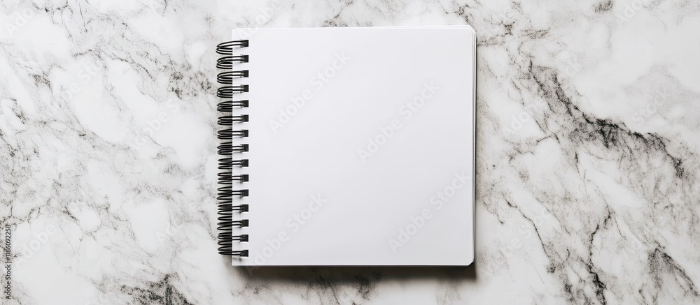 Poster Blank sketchbook on a marble background Flat lay top view of an office table. with copy space image. Place for adding text or design
