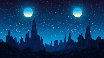 Naklejka premium A futuristic cityscape under a starry sky with two moons.