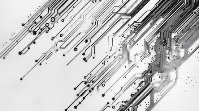 Modern circuit architecture with simplified geometric forms. Parallel data paths in varying thicknesses create visual hierarchy, highlighted connections suggest active processing zones.