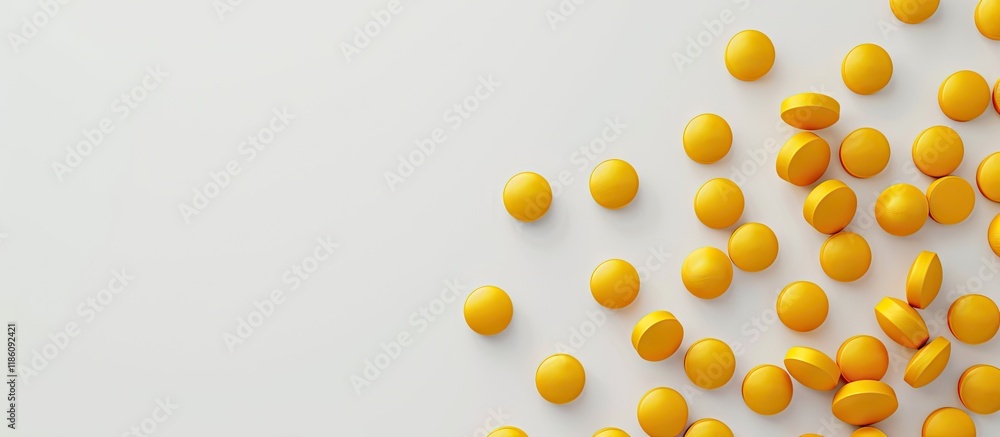 Poster yellow round capsules spread across a white background viewed from above. with copy space image. Place for adding text or design