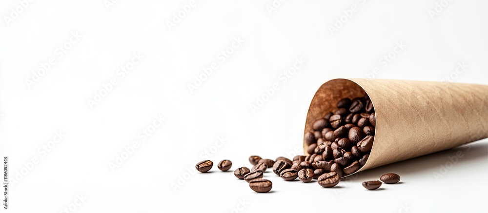 Leinwandbilder Espresso coffee and beans in a paper cone cornucopia against a white background. with copy space image. Place for adding text or design