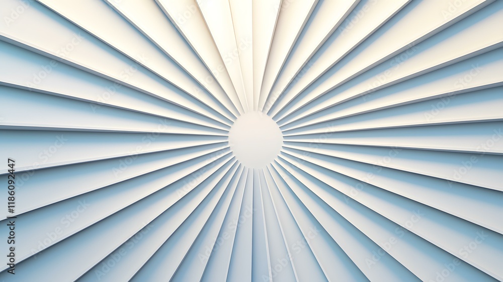 Poster the image shows a series of light gray, slightly curved slats radiating outwards from a central circ