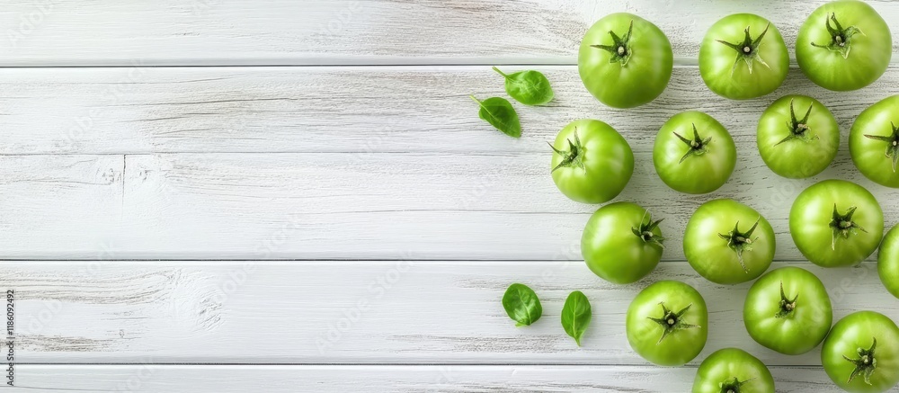 Leinwandbilder green unripe tomatoes on a white wooden surface top view. with copy space image. place for adding te