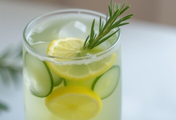 Fototapeta premium Lemon cucumber infused water with rosemary sprig close-up.