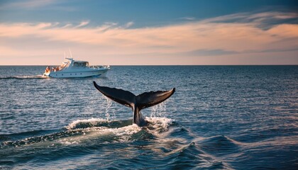 Fototapeta premium Whale tail breaches the ocean surface near a whale watching boat in sunny marine waters during a vibrant summer day 