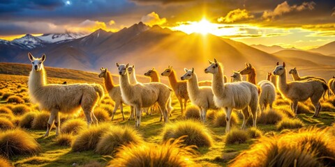Naklejka premium Majestic llama herd dominates the frame, showcasing Andean wildlife in a balanced composition.