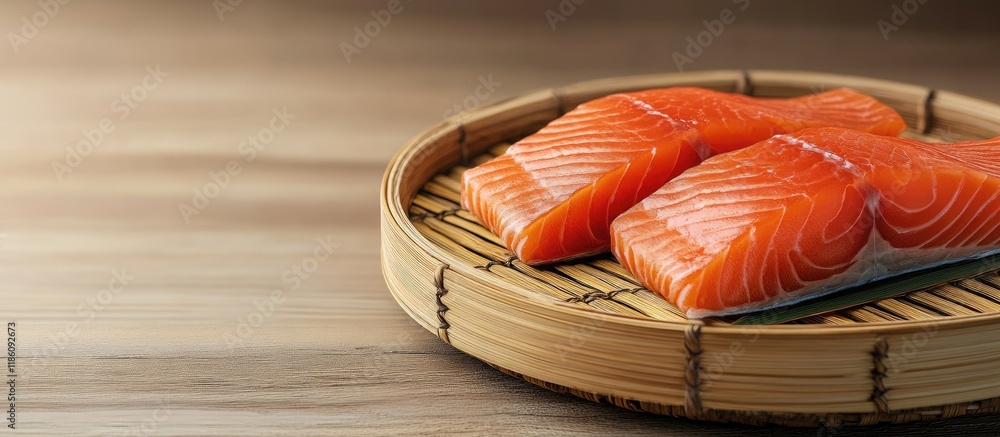 Poster freshness of salmon fillet on a bamboo basket in a diorama. with copy space image. place for adding 
