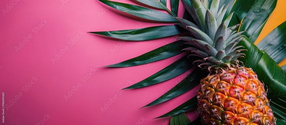 Poster ripe pineapple and a tropical leaf on a colorful background close up. with copy space image. place f