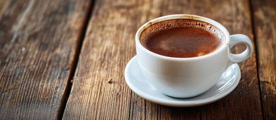 coffee close up of a cup of Turkish or Greek coffee on a wooden table with copyspace half a mug on a wooden surface with selective focus