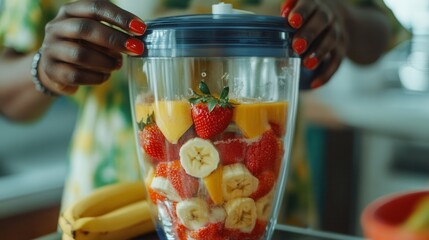Vibrant Smoothie Preparation, Close-Up of Black Woman's Hands, Fresh Strawberries and Bananas, Lively Kitchen Atmosphere