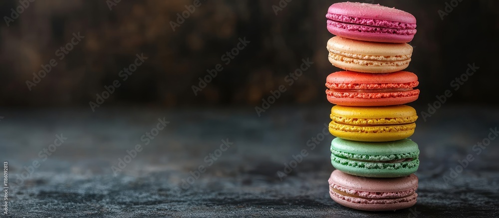 Leinwandbilder A stack of colorful and sweet French macaroons set against a dark rock backdrop. with copy space image. Place for adding text or design