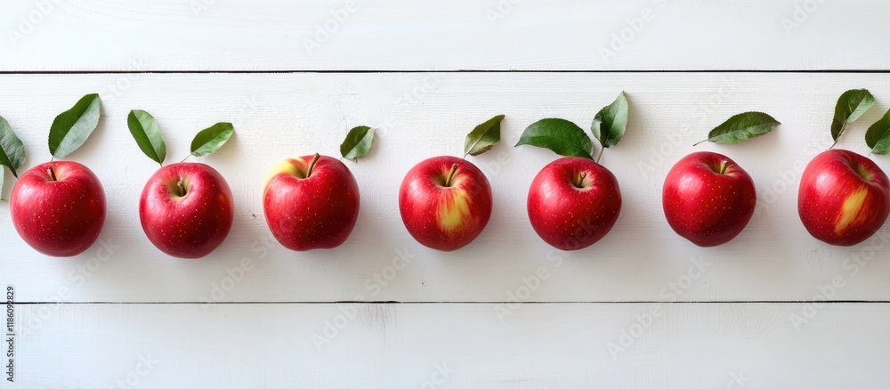 Aufkleber Apples arranged in a row on a white wooden table background. with copy space image. Place for adding text or design