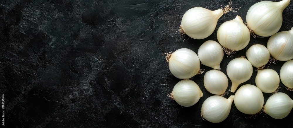 Poster raw white onions on a black surface viewed from above flat lay overhead perspective space for text. 