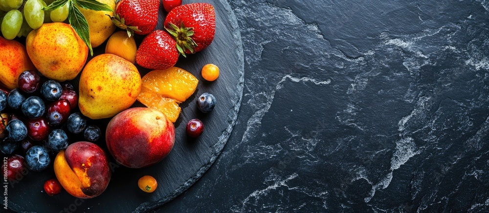 Poster fruits background in yellow and red hues dark stone slate plate with copy space flat lay top view su