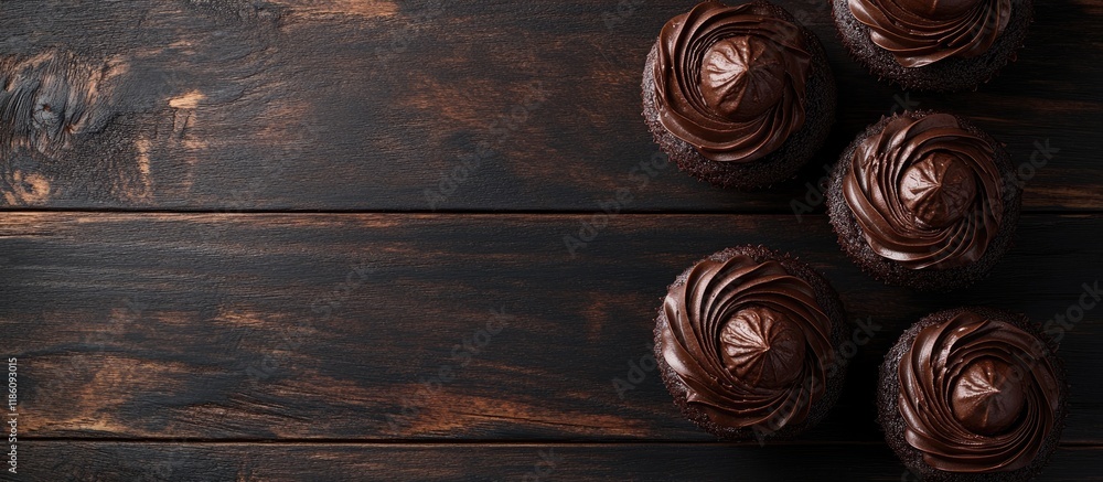 Poster festive homemade cakes round chocolate muffin big muffin or cake with chocolate icing on a dark wood