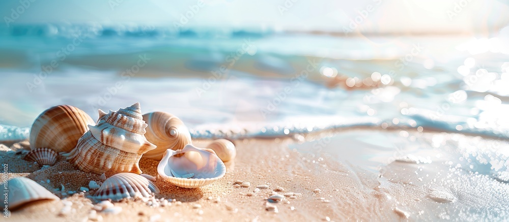 Poster shells on the shore of the beach. with copy space image. Place for adding text or design