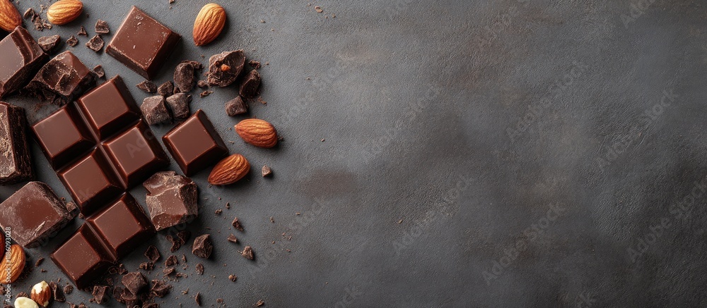 Poster chocolate cubes hazelnuts and almonds on a grey textured background seen from above with copy space