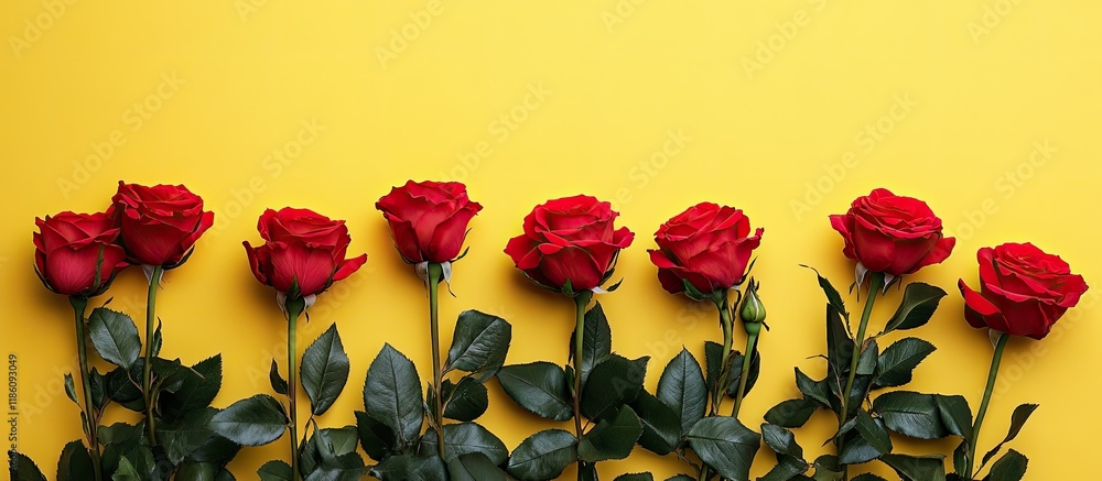 Fototapete roses set against a yellow background. with copy space image. place for adding text or design