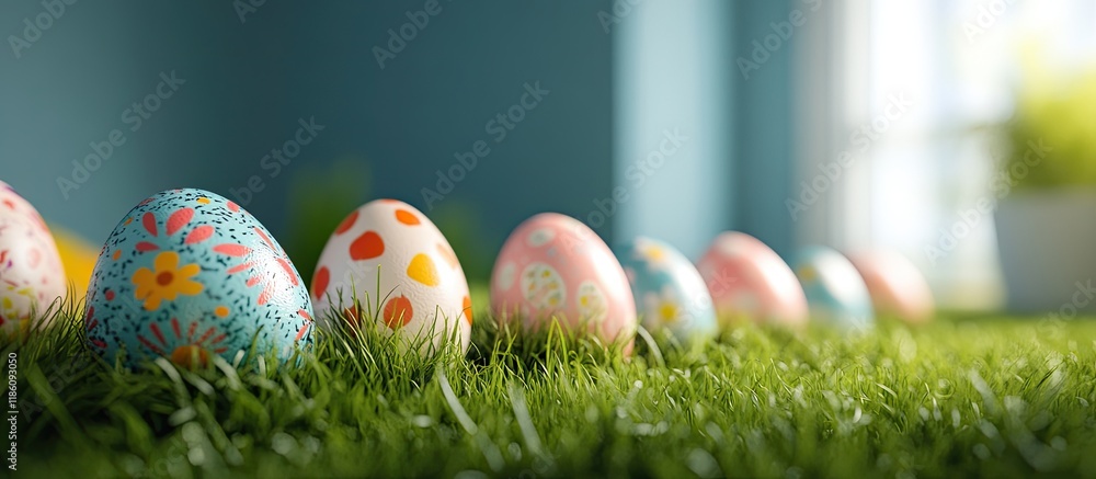 Leinwandbilder Easter eggs placed on green spring grass arranged in a single row Room for text. with copy space image. Place for adding text or design