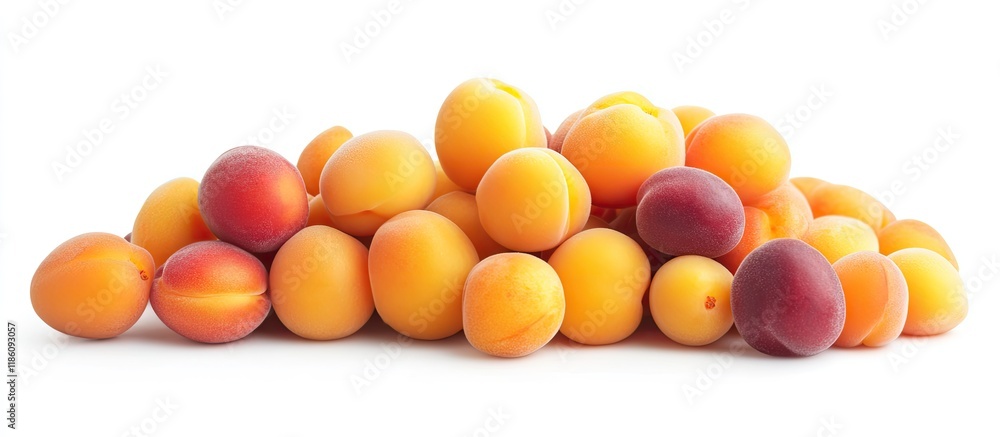 Poster a pile of fresh healthy african apricots and peaches isolated on a white studio background. with cop
