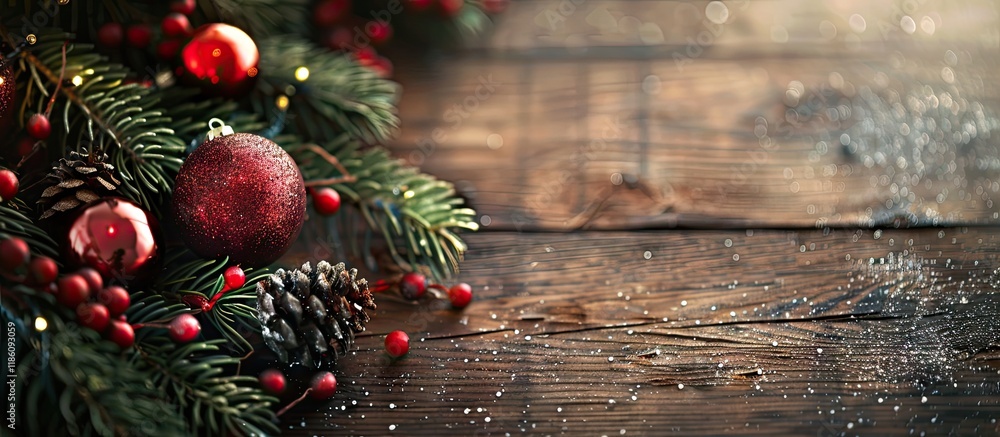 Leinwandbilder christmas elements from a tree branch on an aged wooden table merry christmas. with copy space image