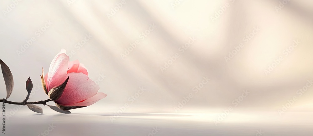 Aufkleber beautiful spring pink delicate flower bud on a light white background with shadows and open copyspac