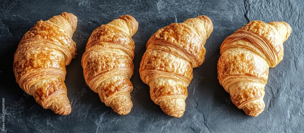 Poster Five rustic artisan French croissants in a horn shape arranged in a flat lay modern composition. with copy space image. Place for adding text or design
