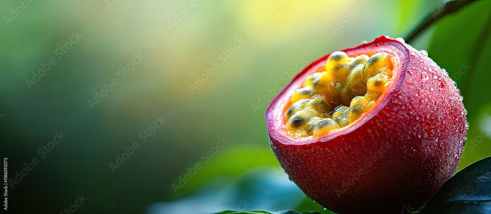 Poster Selective focus photo of a passion fruit. with copy space image. Place for adding text or design