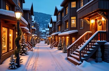 Snowy Breckenridge Colorado town square at dusk. Cozy houses with warm lights. Christmas decorations. Pathway covered with snow. Winter holiday atmosphere in American Rocky Mountains. Residential