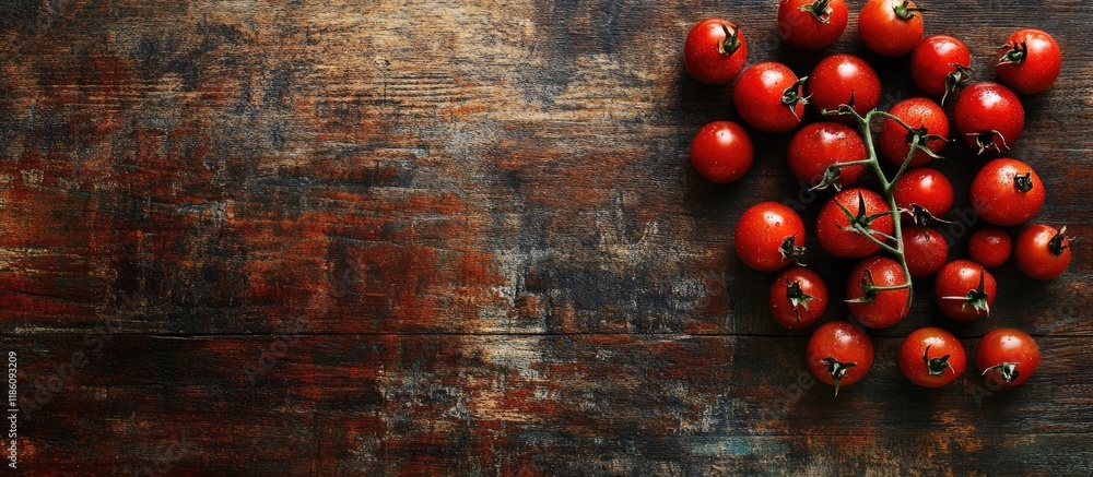Poster fresh cherry tomatoes on a rustic wooden table top view with copyspace