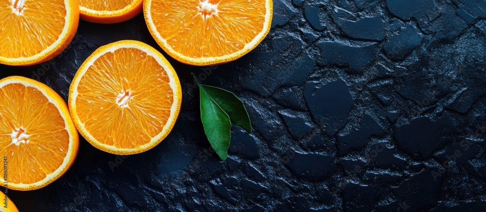 Aufkleber halves and slices of fresh juicy oranges atop a black textured background. with copy space image. pl