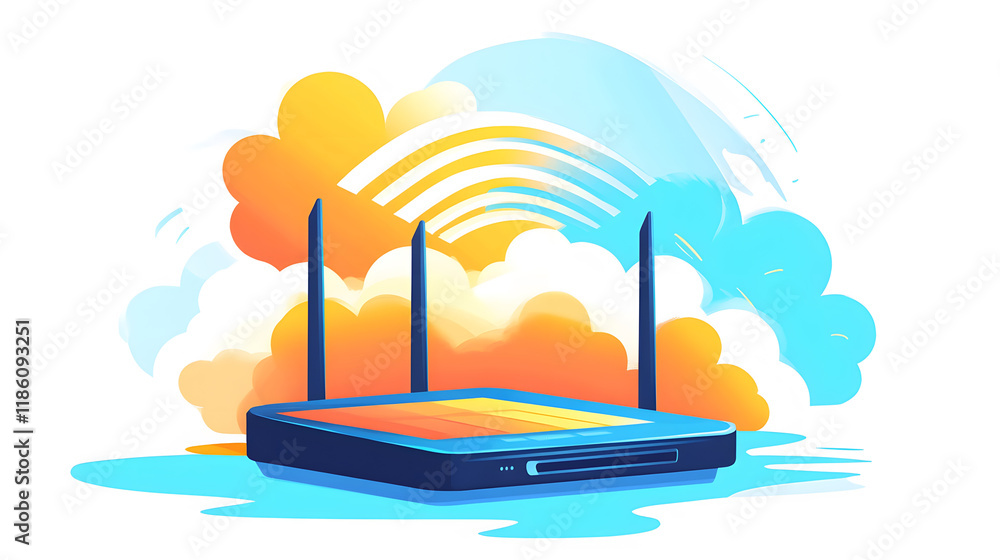 Aufkleber a vibrant illustration of a wireless router emitting signals, surrounded by colorful clouds, symboli