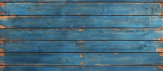 Fototapeta premium Top view of aligned blue wooden planks featuring a wood grain backdrop. with copy space image. Place for adding text or design