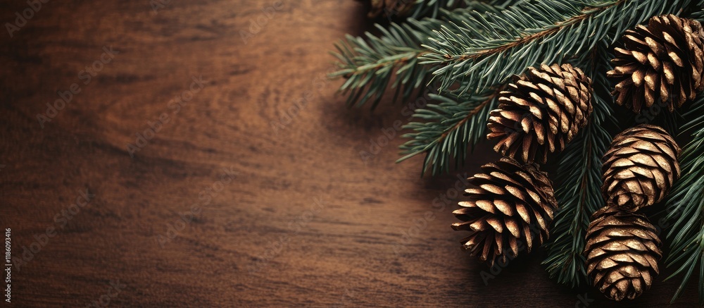 Leinwandbilder Golden cones and fir tree branches on a brown wooden background Mockup with available space for text Area for greeting text. with copy space image. Place for adding text or design